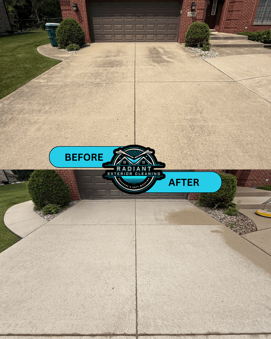 Concrete driveway pressure washing before and after